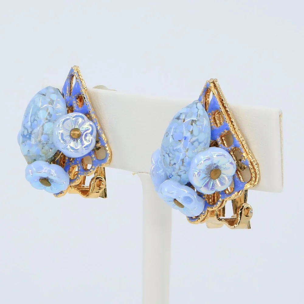 Vintage Hobé Blue Iridescent & Speckled Art Glass‎ Floral Clip On Earrings 1950s
